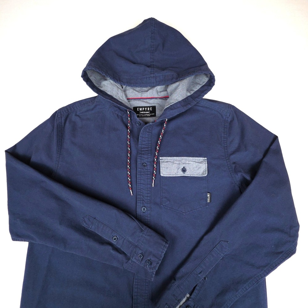 Y2K Empyre Hooded Button Down Shirt Mens M Blue Long Sleeve Cotton Skater Grunge